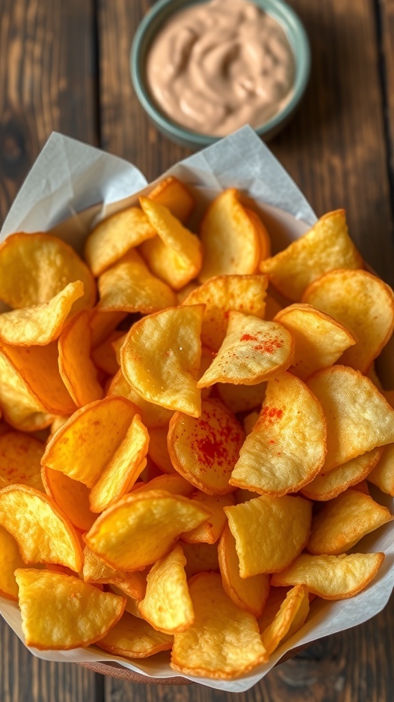 A bowl of crispy potato chips lightly salted and seasoned, with a dip on a rustic wooden table.
